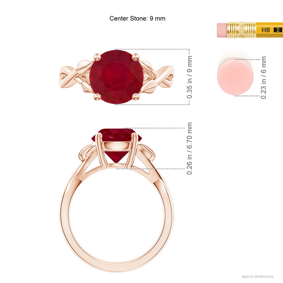 9mm AA Nature Inspired Ruby Crossover Ring with Leaf Motifs in Rose Gold ruler