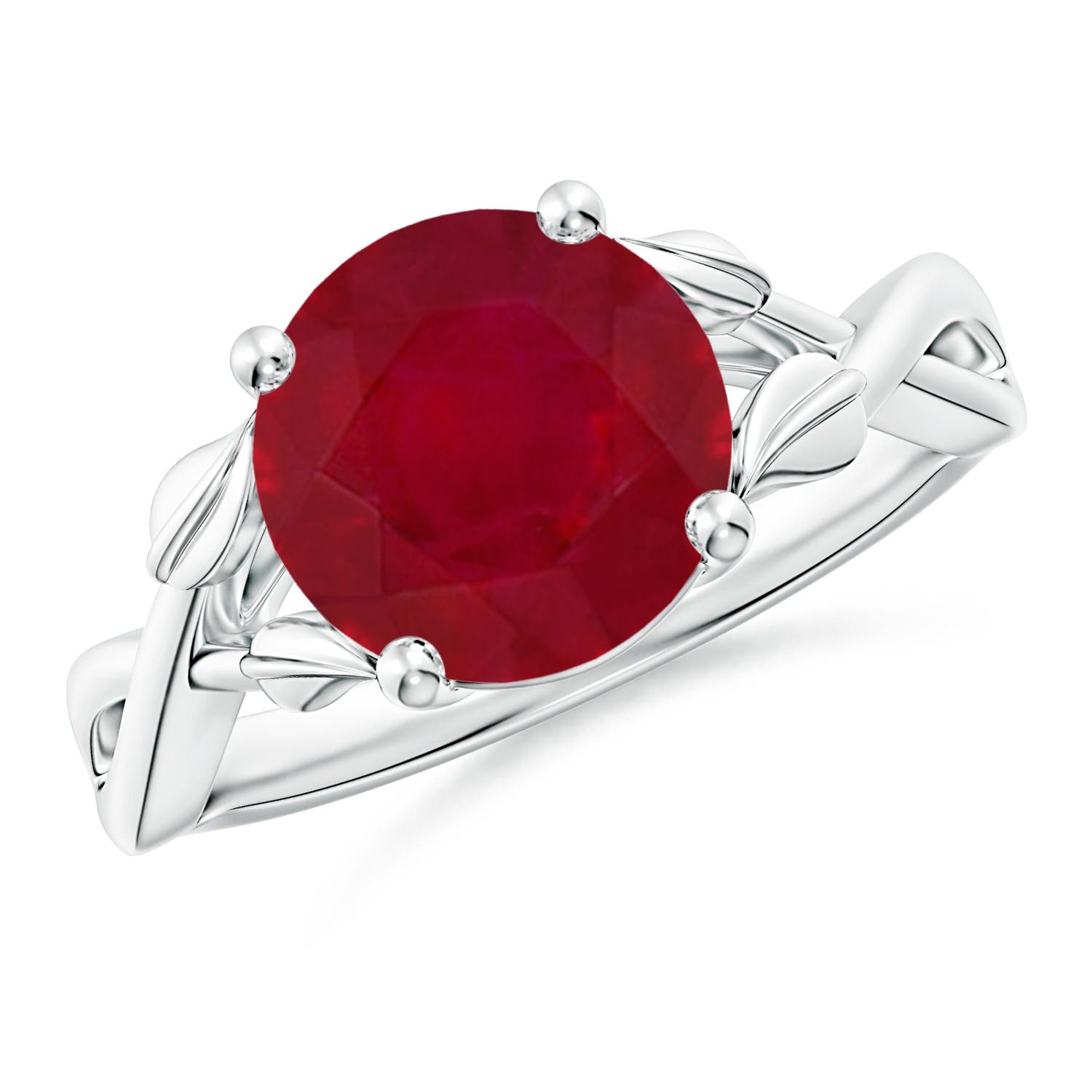 9mm AA Nature Inspired Ruby Crossover Ring with Leaf Motifs in White Gold