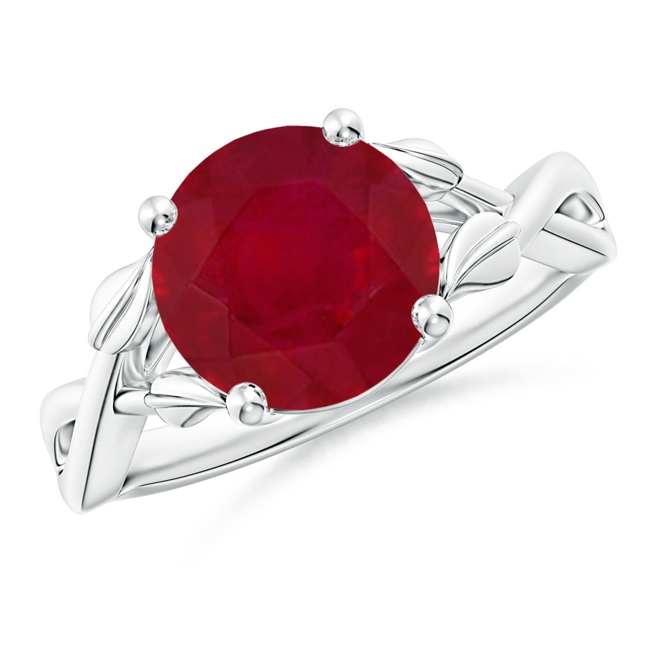9mm AA Nature Inspired Ruby Crossover Ring with Leaf Motifs in White Gold 