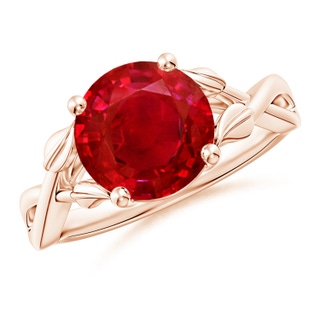 9mm AAA Nature Inspired Ruby Crossover Ring with Leaf Motifs in 10K Rose Gold