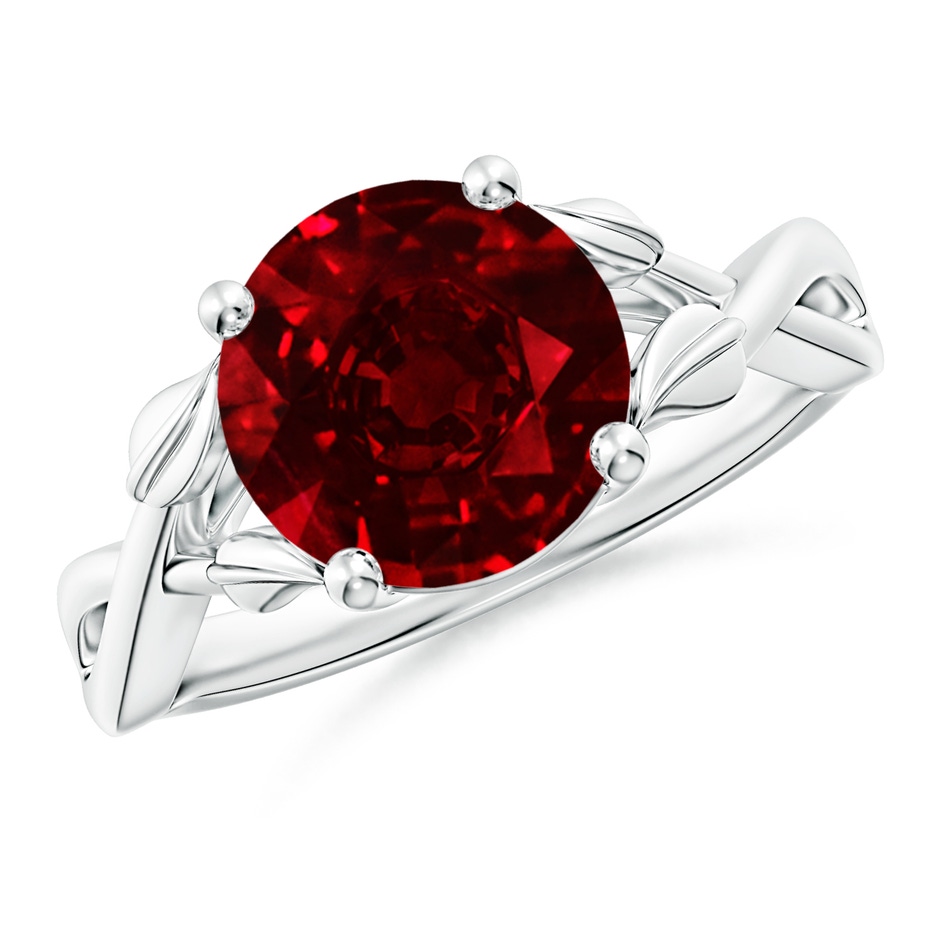 9mm AAAA Nature Inspired Ruby Crossover Ring with Leaf Motifs in P950 Platinum 