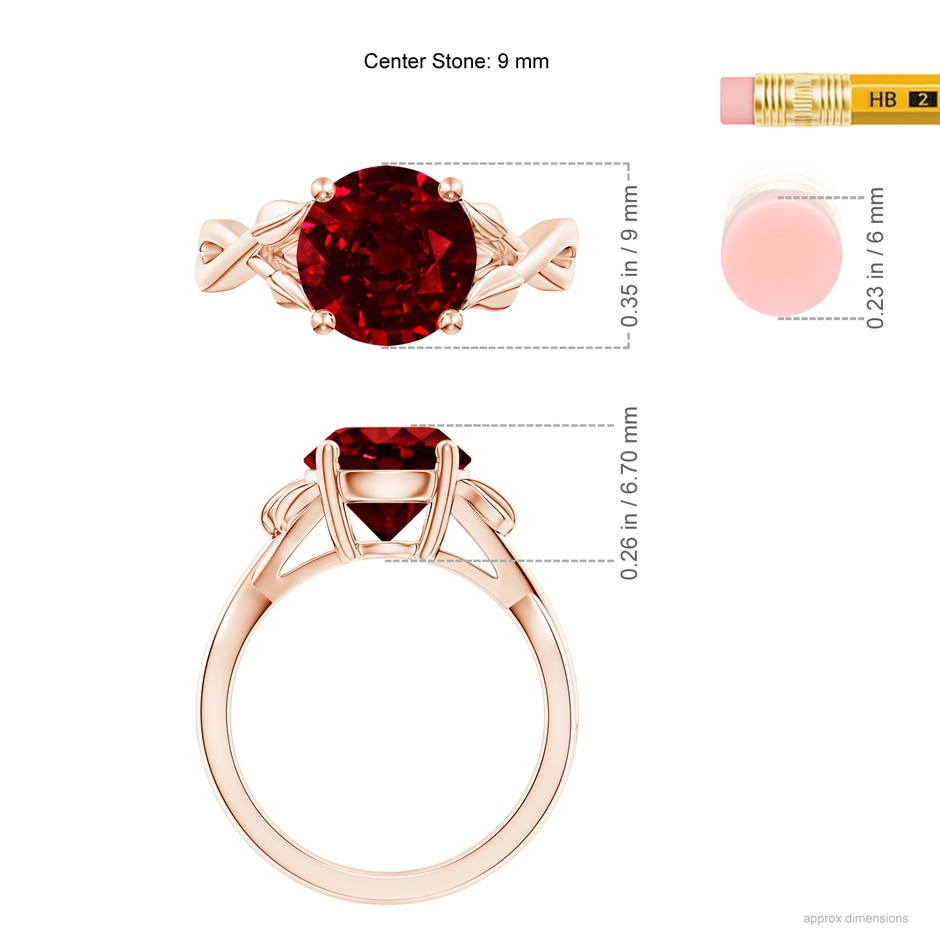 9mm AAAA Nature Inspired Ruby Crossover Ring with Leaf Motifs in Rose Gold ruler