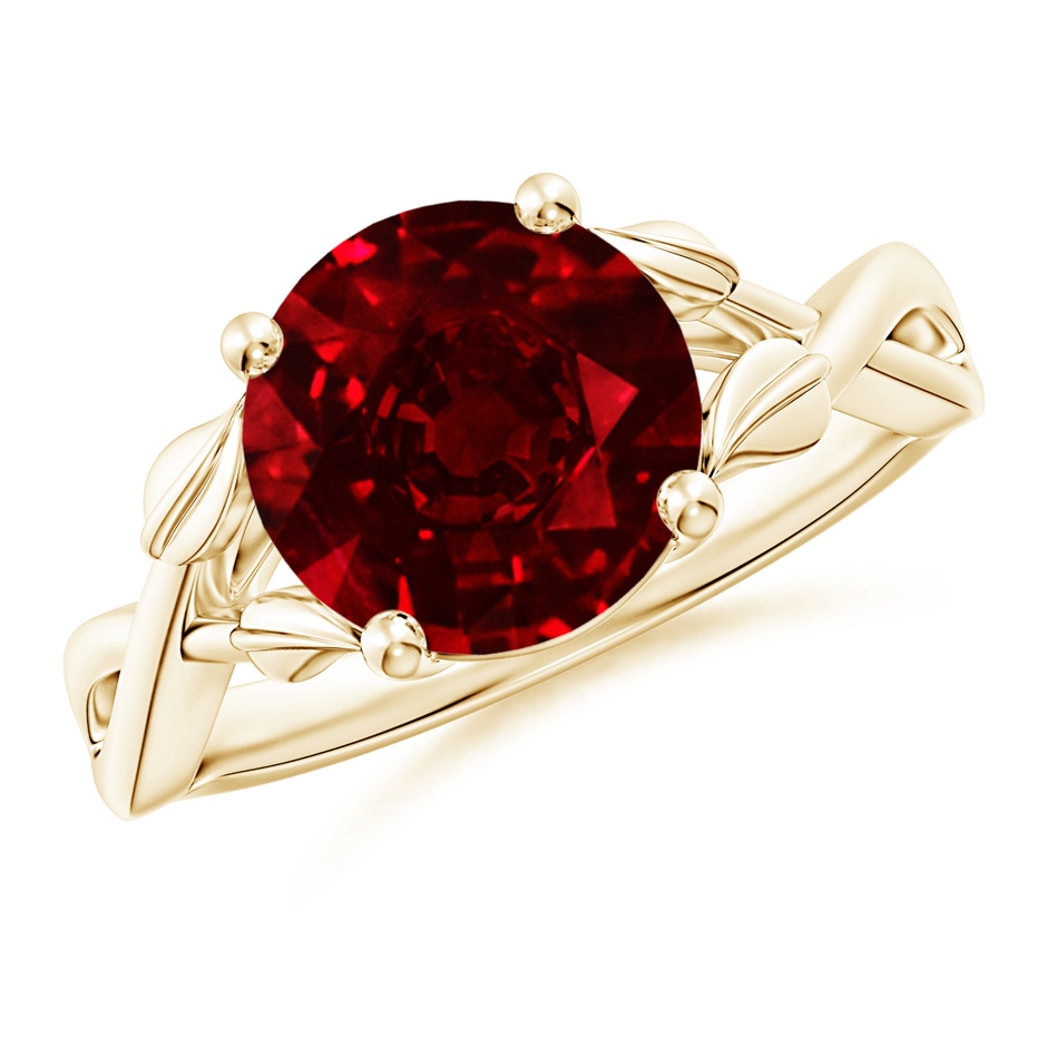 9mm AAAA Nature Inspired Ruby Crossover Ring with Leaf Motifs in Yellow Gold 