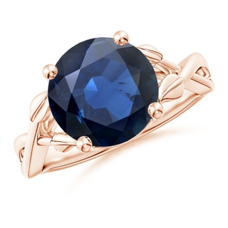 10mm AA Nature Inspired Blue Sapphire Crossover Ring with Leaf Motifs in 10K Rose Gold