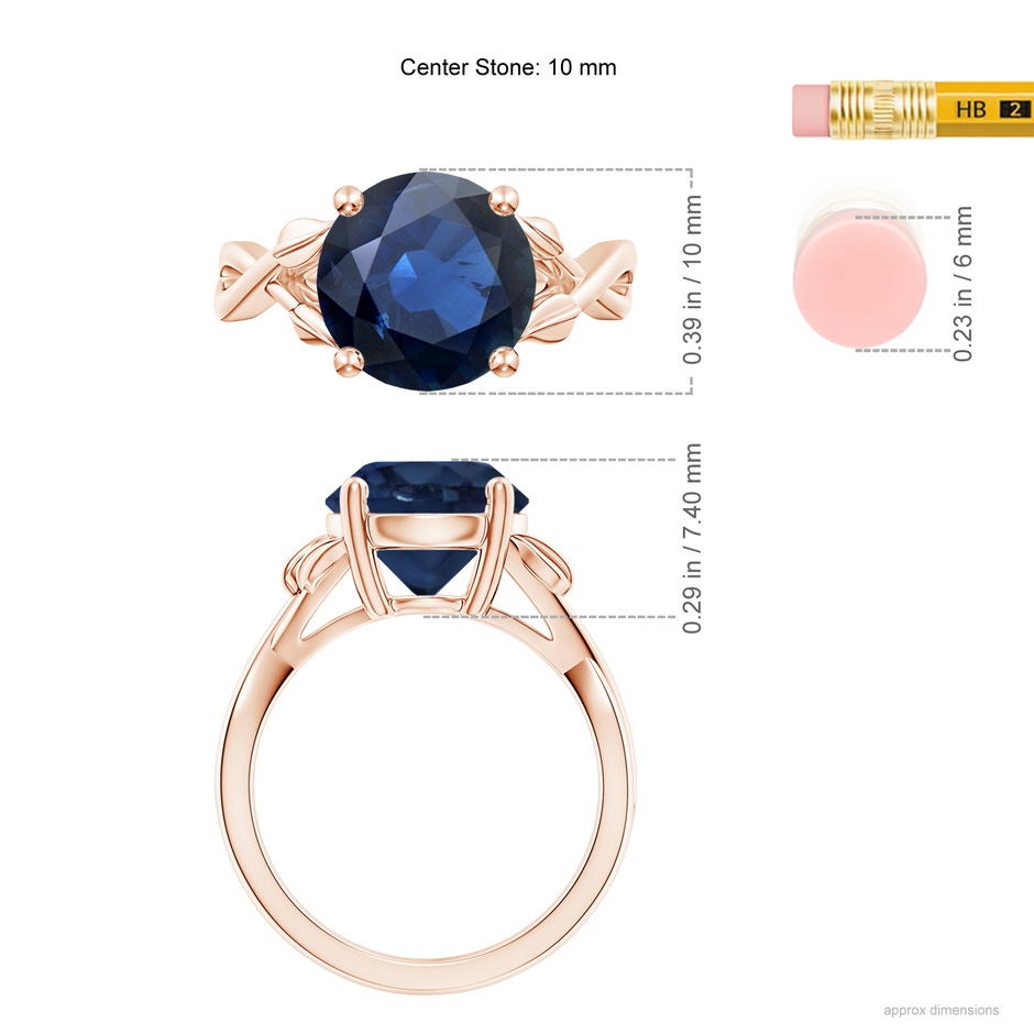 10mm AA Nature Inspired Blue Sapphire Crossover Ring with Leaf Motifs in Rose Gold ruler