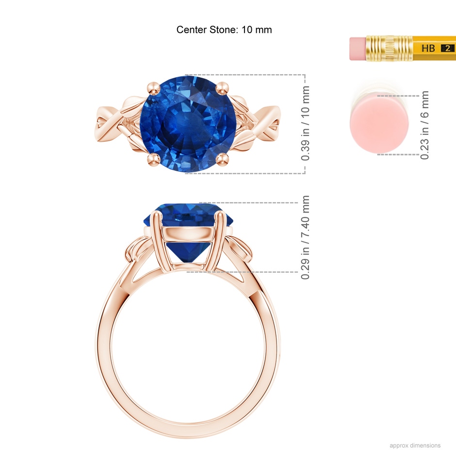 10mm AAA Nature Inspired Blue Sapphire Crossover Ring with Leaf Motifs in Rose Gold ruler