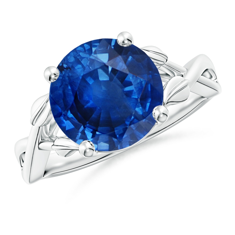 10mm AAA Nature Inspired Blue Sapphire Crossover Ring with Leaf Motifs in White Gold 