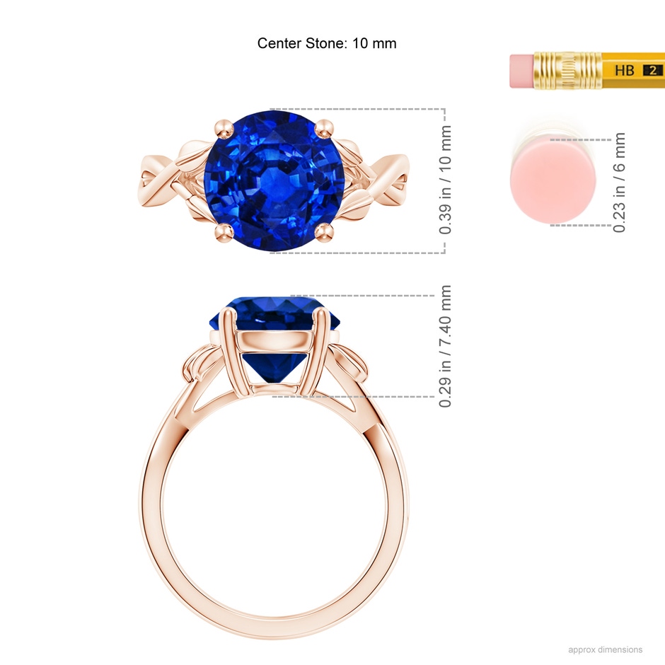 10mm AAAA Nature Inspired Blue Sapphire Crossover Ring with Leaf Motifs in Rose Gold ruler