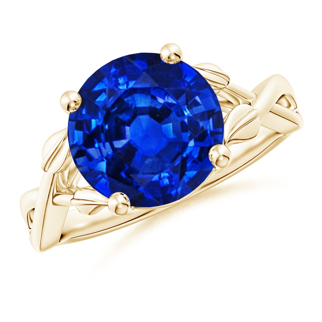 10mm Lab-Grown Nature Inspired Blue Sapphire Crossover Ring with Leaf Motifs in Yellow Gold