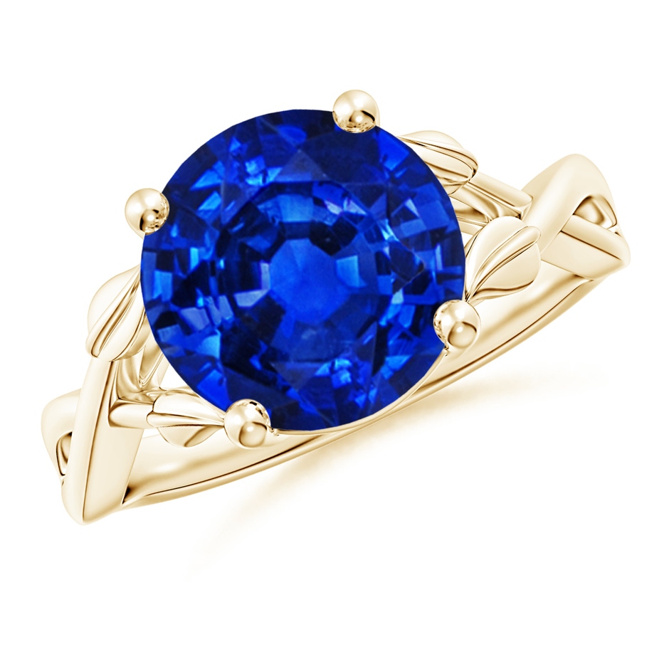 10mm Lab-Grown Nature Inspired Blue Sapphire Crossover Ring with Leaf Motifs in Yellow Gold 