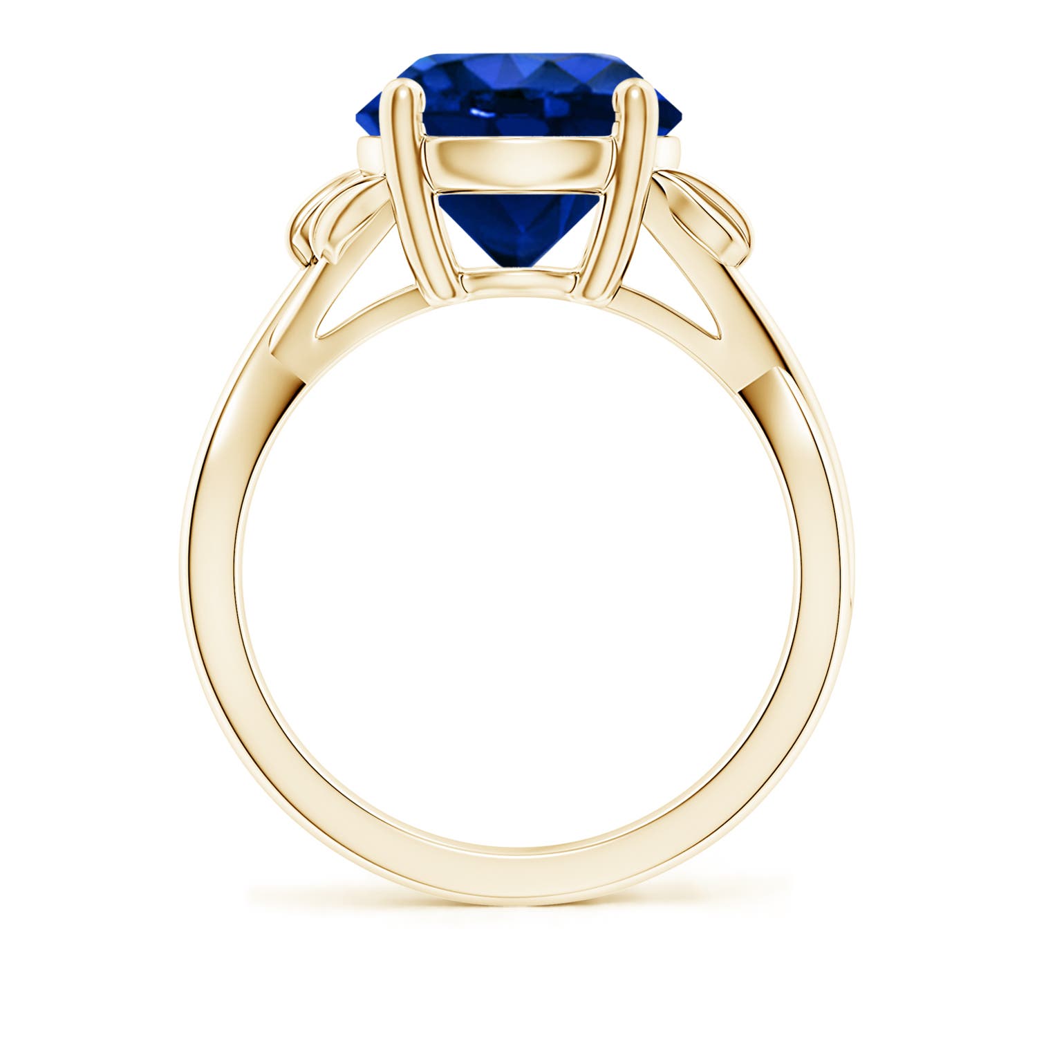 10mm AAAA Nature Inspired Blue Sapphire Crossover Ring with Leaf Motifs in Yellow Gold - side 3