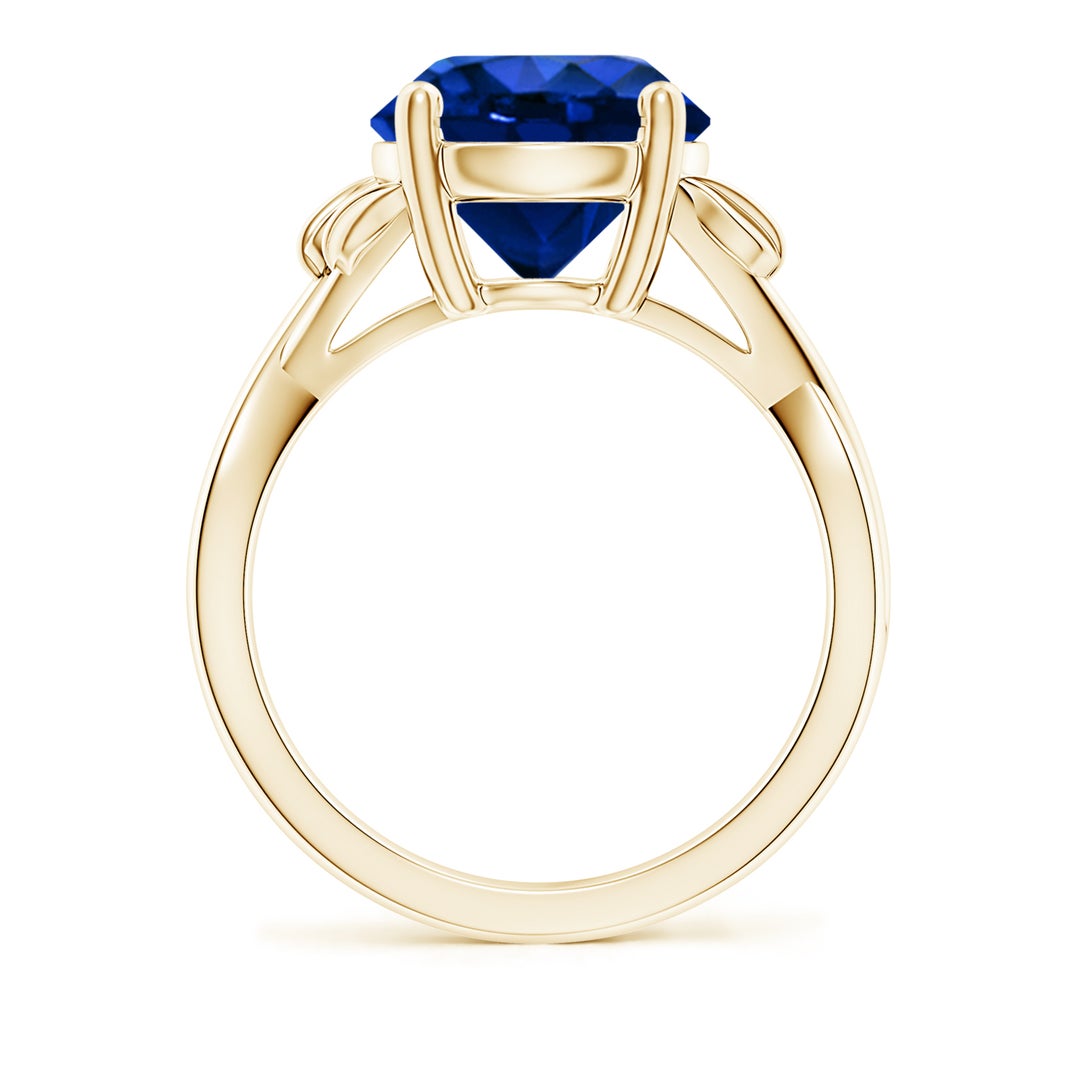 10mm AAAA Nature Inspired Blue Sapphire Crossover Ring with Leaf Motifs in Yellow Gold - side 3