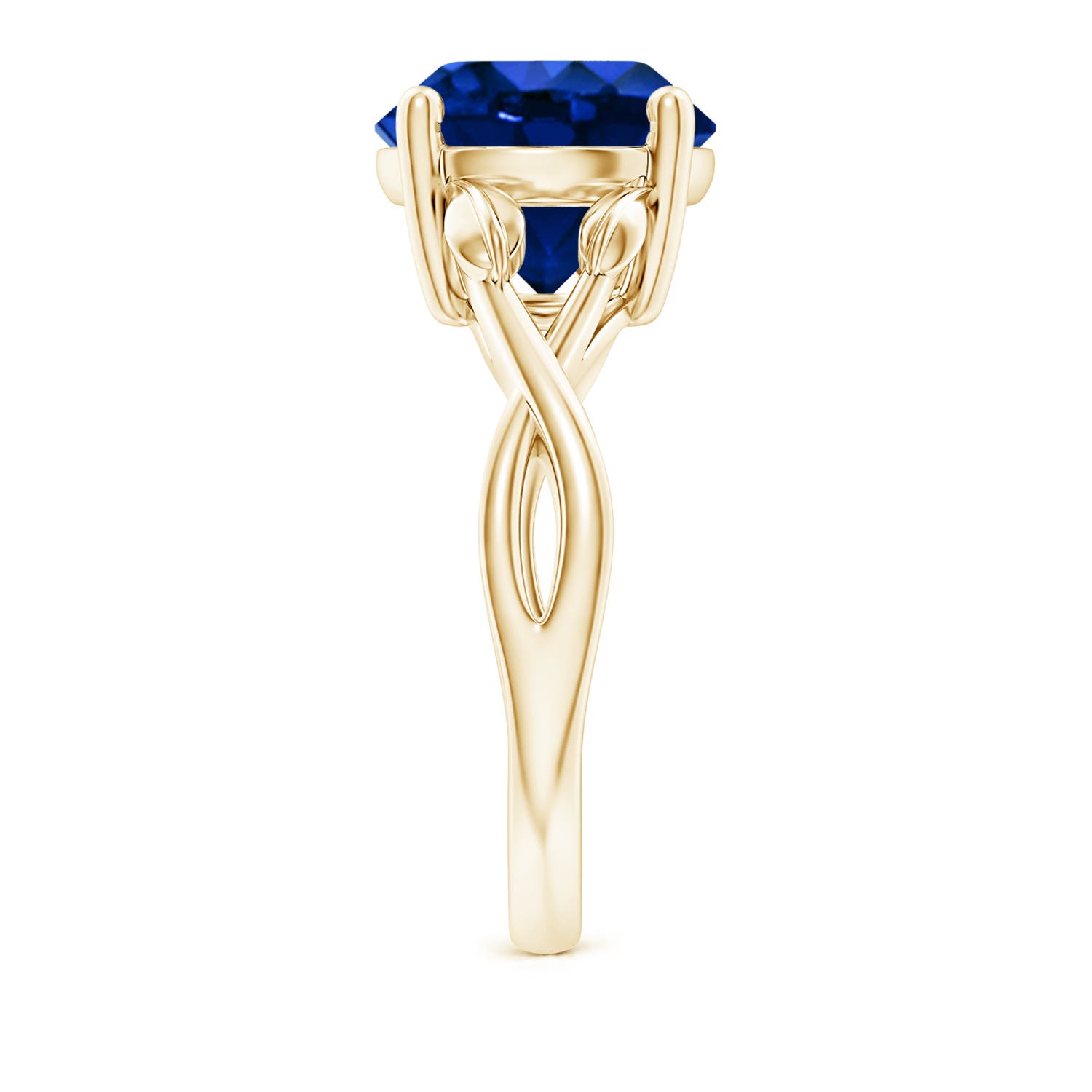 10mm AAAA Nature Inspired Blue Sapphire Crossover Ring with Leaf Motifs in Yellow Gold - side 4