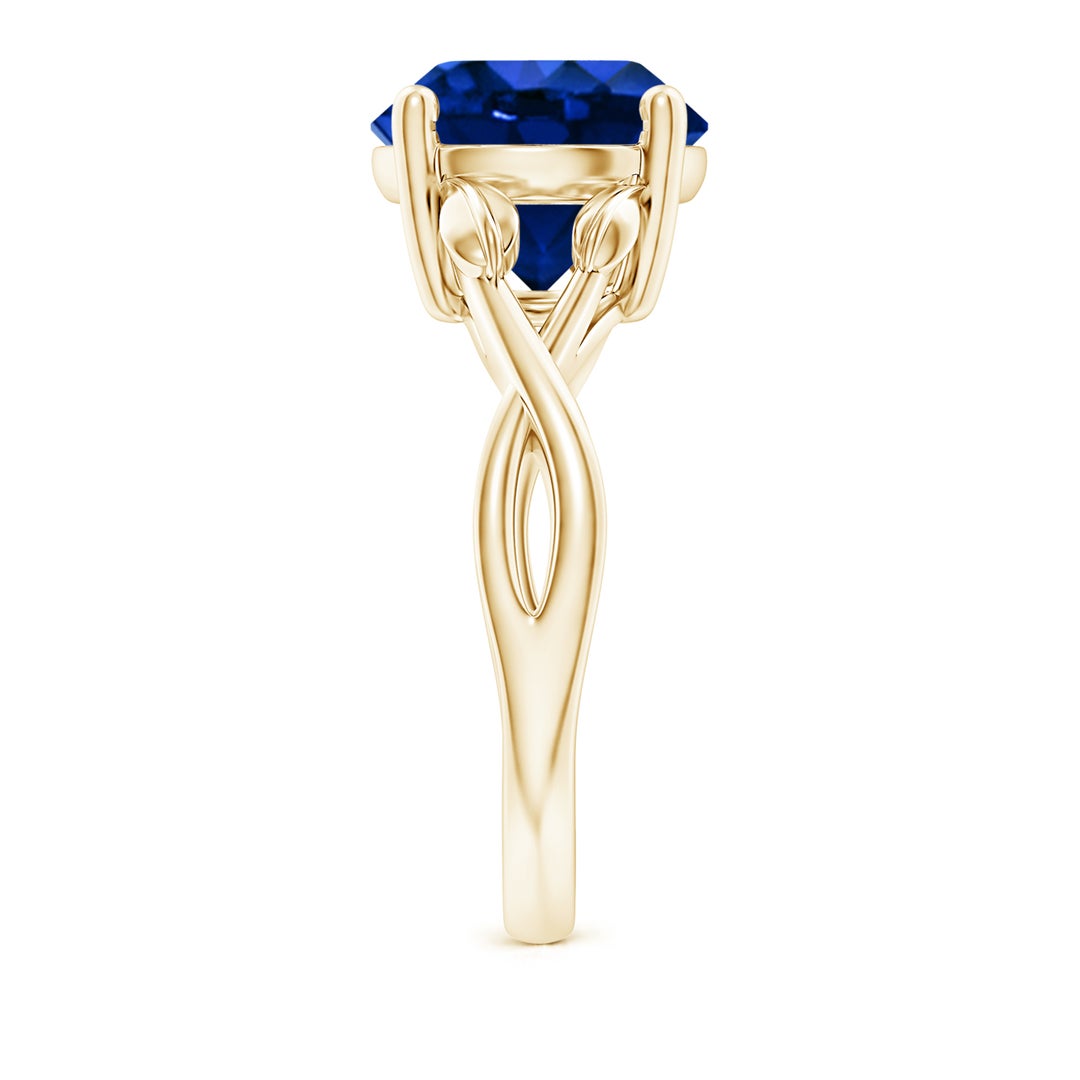 10mm AAAA Nature Inspired Blue Sapphire Crossover Ring with Leaf Motifs in Yellow Gold - side 4