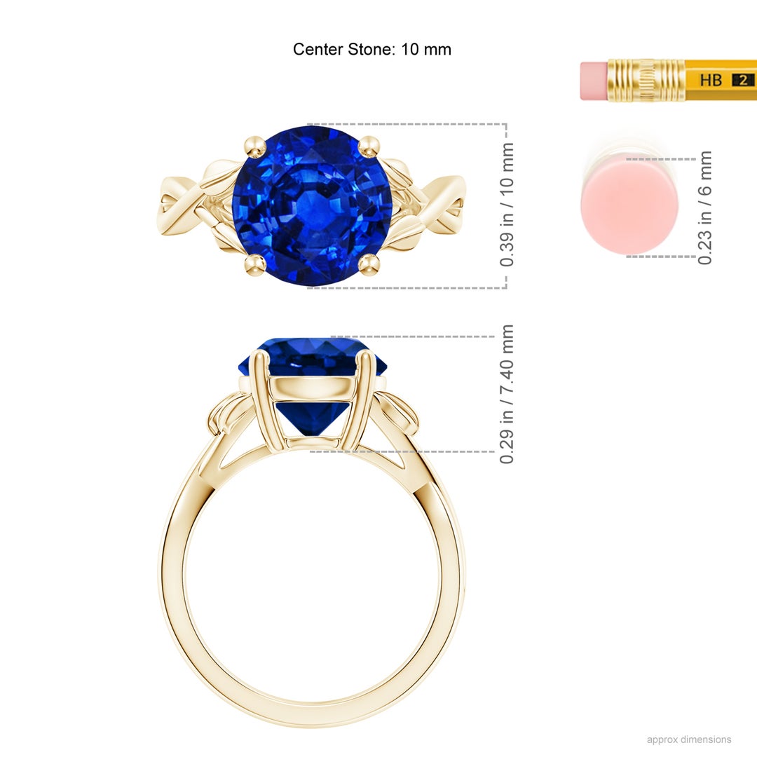 10mm AAAA Nature Inspired Blue Sapphire Crossover Ring with Leaf Motifs in Yellow Gold - ruler