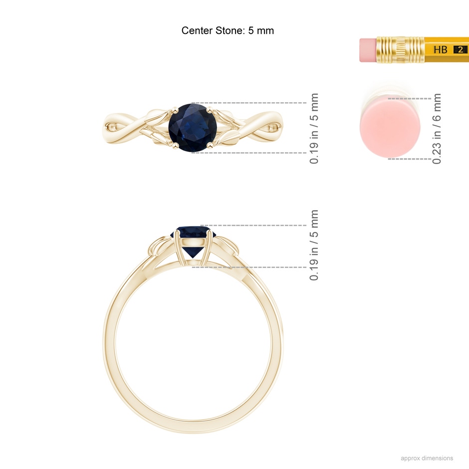 5mm A Nature Inspired Blue Sapphire Crossover Ring with Leaf Motifs in 10K Yellow Gold ruler