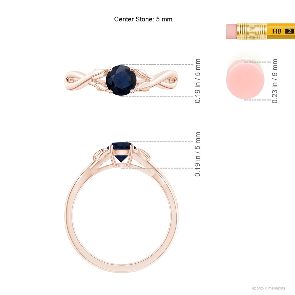 5mm A Nature Inspired Blue Sapphire Crossover Ring with Leaf Motifs in Rose Gold ruler