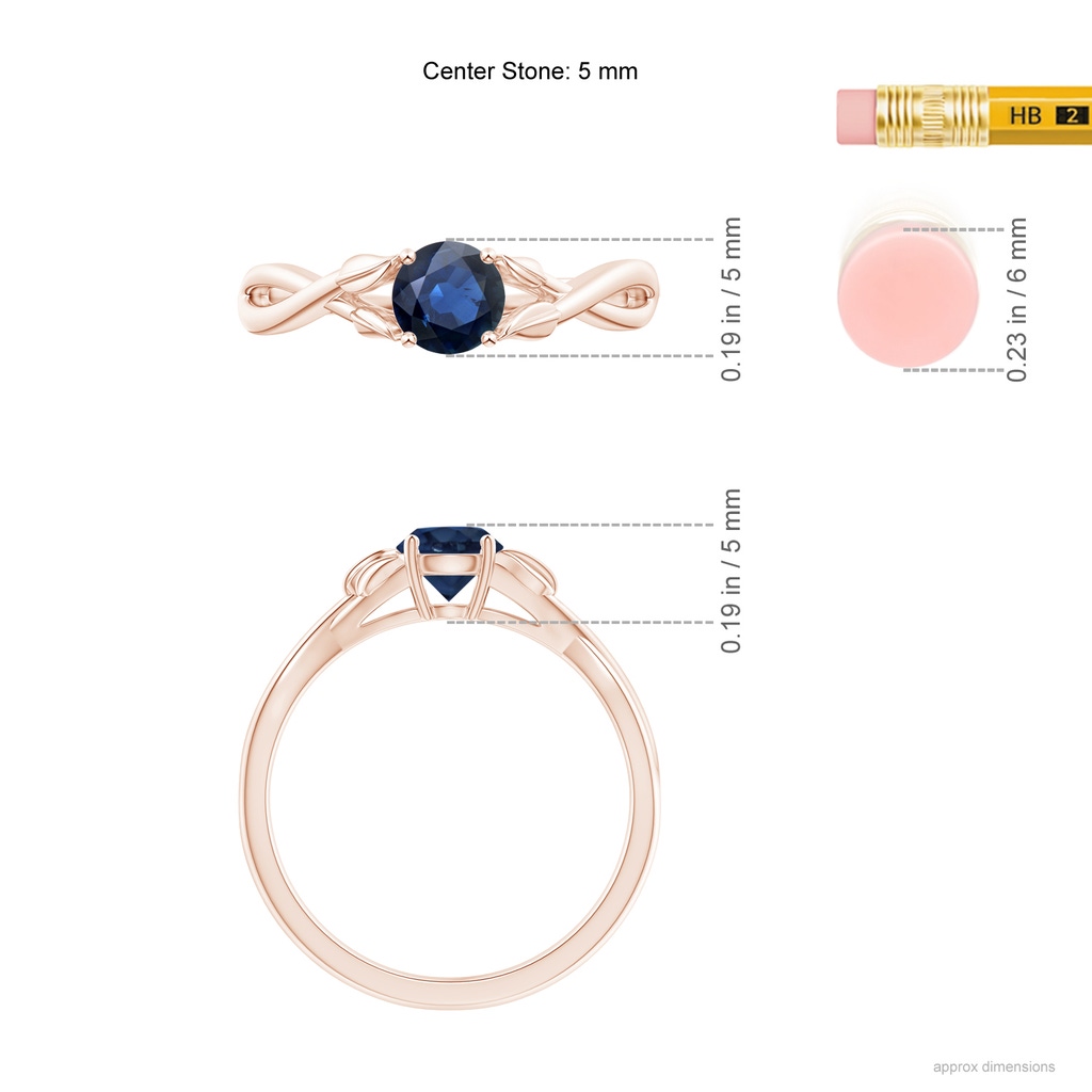 5mm AA Nature Inspired Blue Sapphire Crossover Ring with Leaf Motifs in Rose Gold ruler