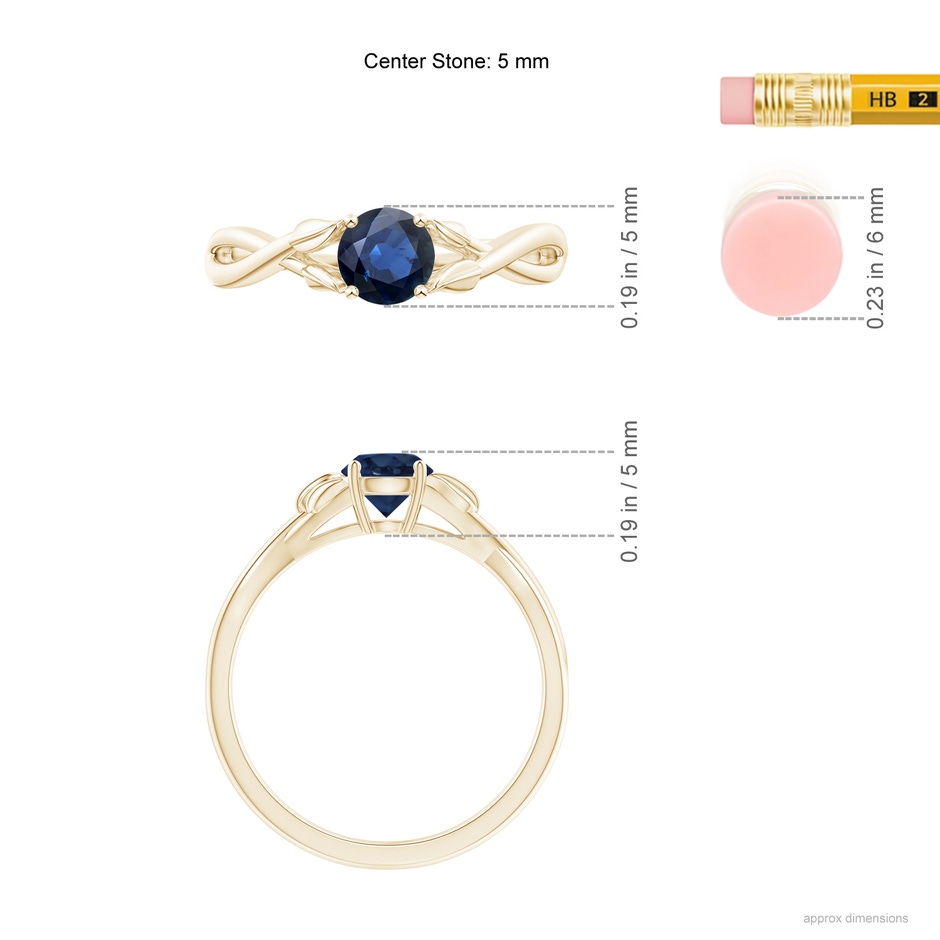 5mm AA Nature Inspired Blue Sapphire Crossover Ring with Leaf Motifs in Yellow Gold ruler