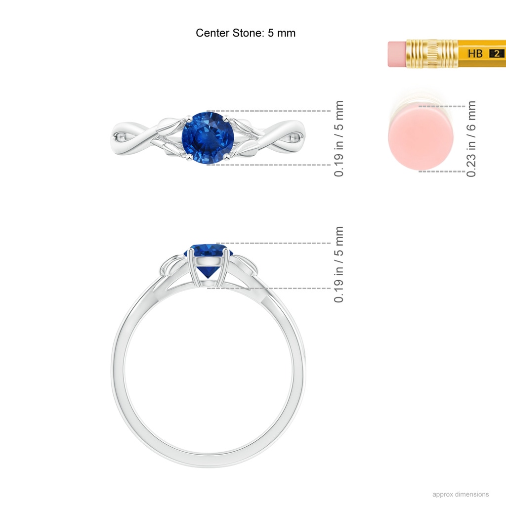 5mm AAA Nature Inspired Blue Sapphire Crossover Ring with Leaf Motifs in White Gold ruler