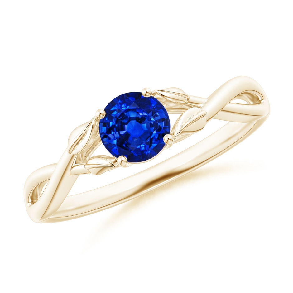 5mm AAAA Nature Inspired Blue Sapphire Crossover Ring with Leaf Motifs in Yellow Gold 