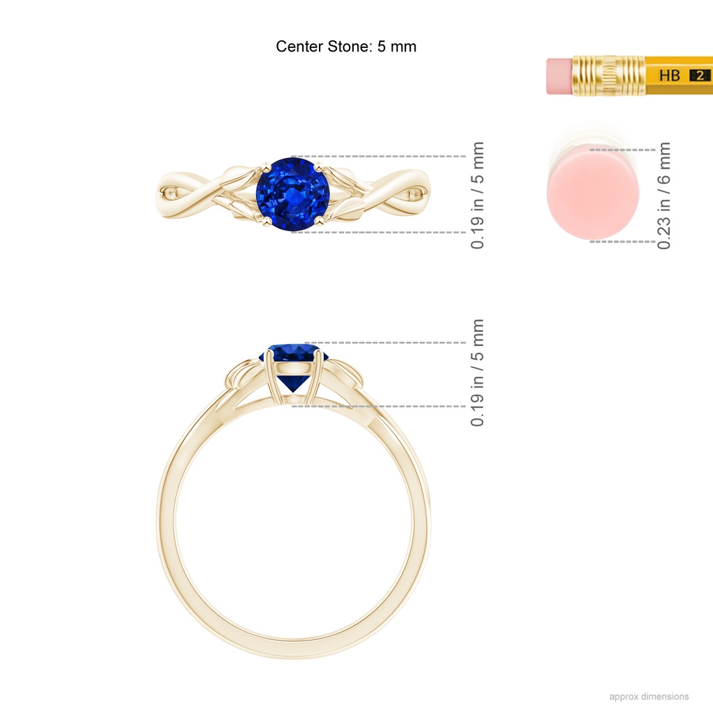 5mm AAAA Nature Inspired Blue Sapphire Crossover Ring with Leaf Motifs in Yellow Gold ruler