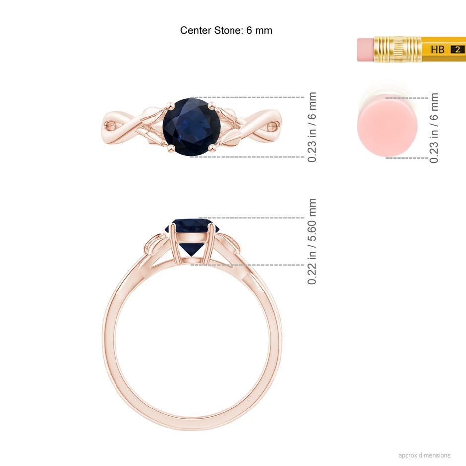 6mm A Nature Inspired Blue Sapphire Crossover Ring with Leaf Motifs in Rose Gold ruler