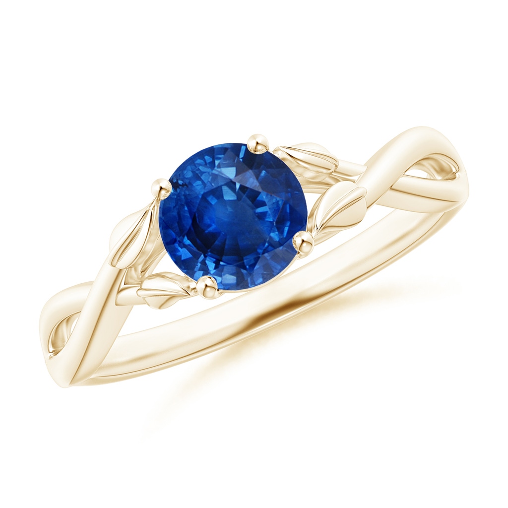 6mm AAA Nature Inspired Blue Sapphire Crossover Ring with Leaf Motifs in Yellow Gold