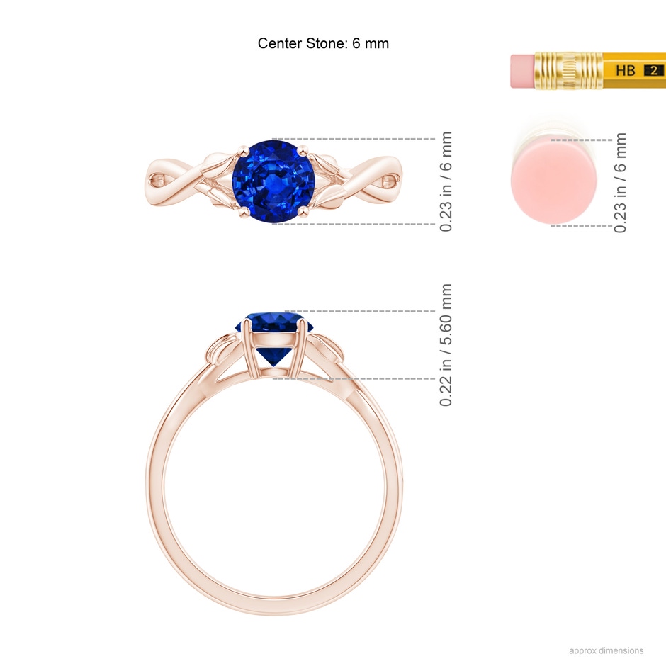 6mm AAAA Nature Inspired Blue Sapphire Crossover Ring with Leaf Motifs in Rose Gold ruler