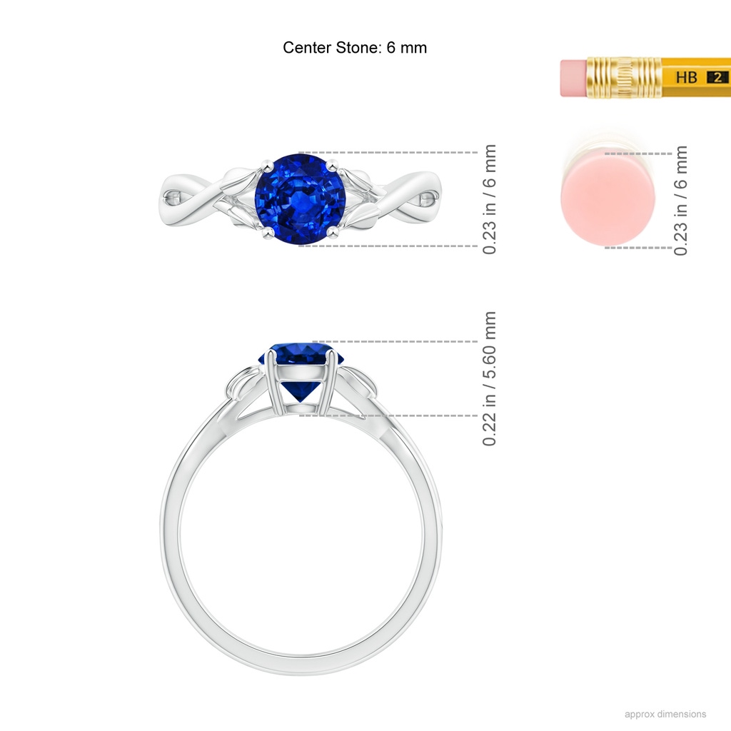 6mm AAAA Nature Inspired Blue Sapphire Crossover Ring with Leaf Motifs in White Gold ruler