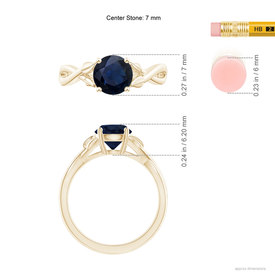 7mm A Nature Inspired Blue Sapphire Crossover Ring with Leaf Motifs in Yellow Gold ruler