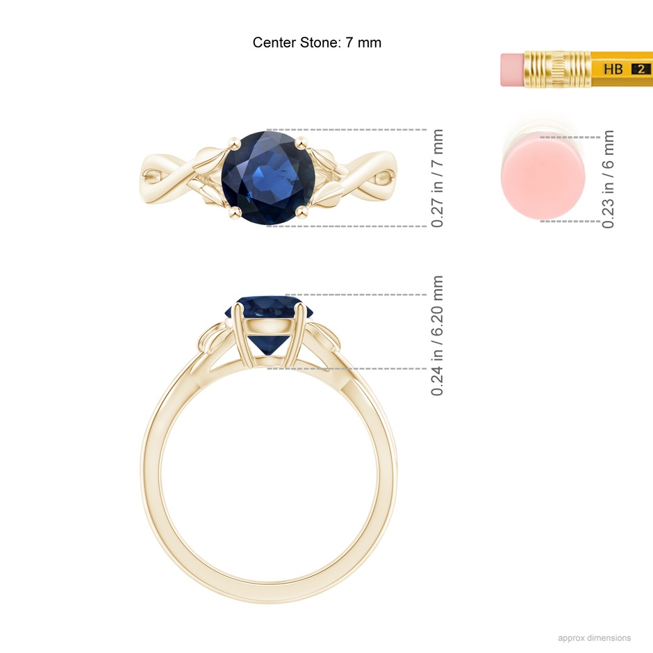 7mm AA Nature Inspired Blue Sapphire Crossover Ring with Leaf Motifs in Yellow Gold ruler