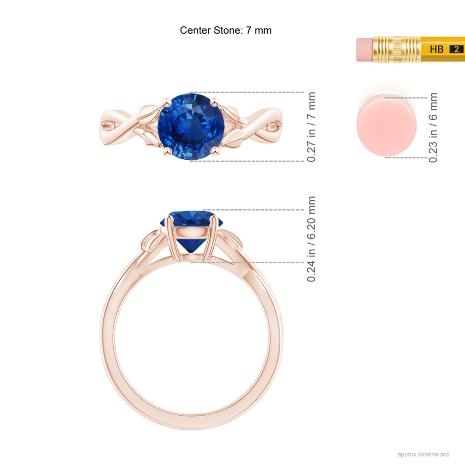 7mm AAA Nature Inspired Blue Sapphire Crossover Ring with Leaf Motifs in Rose Gold ruler