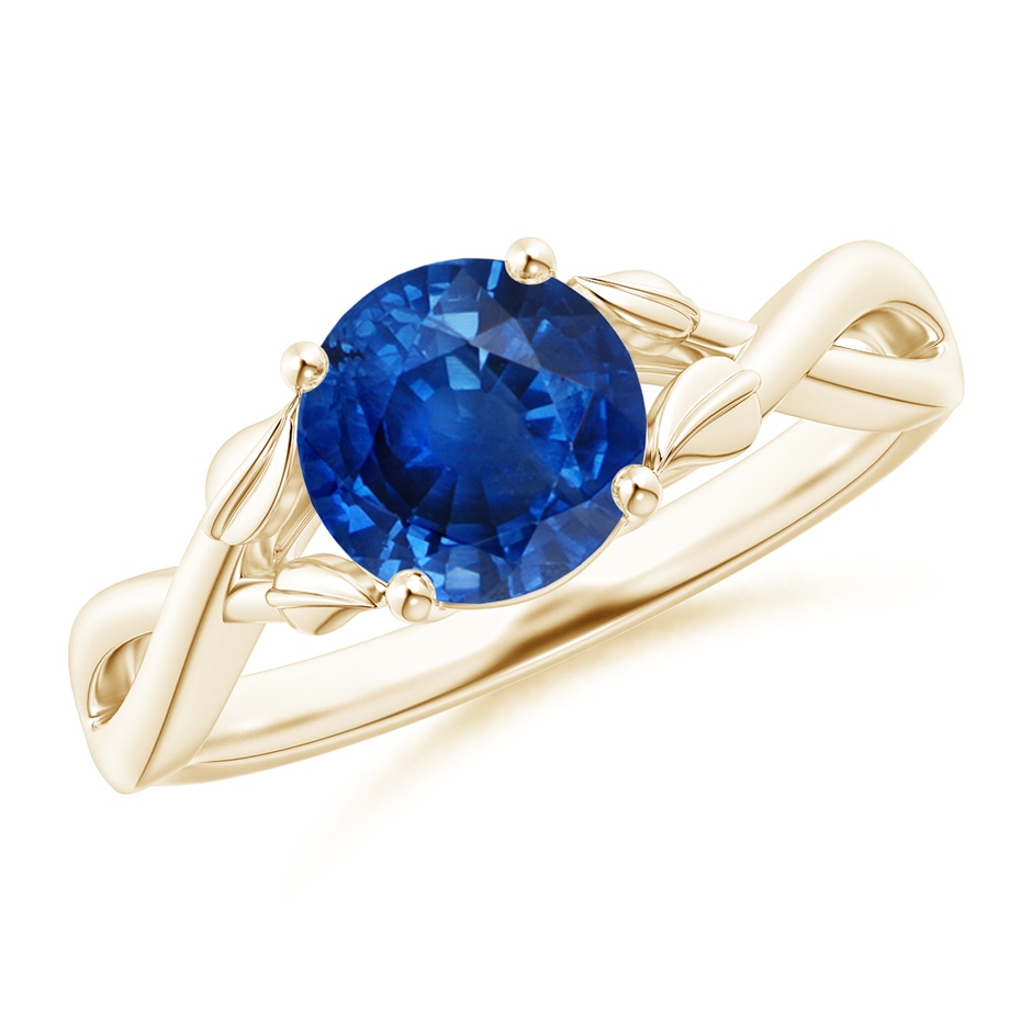 7mm AAA Nature Inspired Blue Sapphire Crossover Ring with Leaf Motifs in Yellow Gold 