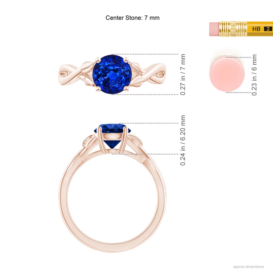 7mm AAAA Nature Inspired Blue Sapphire Crossover Ring with Leaf Motifs in 9K Rose Gold ruler