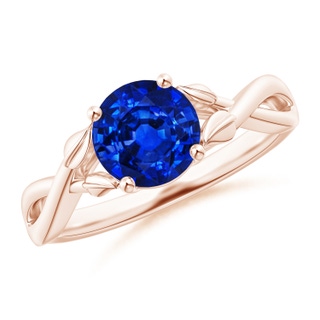 7mm AAAA Nature Inspired Blue Sapphire Crossover Ring with Leaf Motifs in Rose Gold