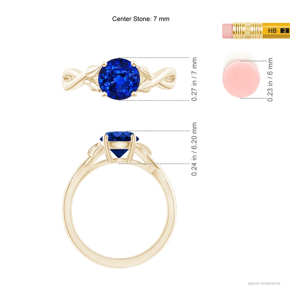 7mm AAAA Nature Inspired Blue Sapphire Crossover Ring with Leaf Motifs in Yellow Gold ruler