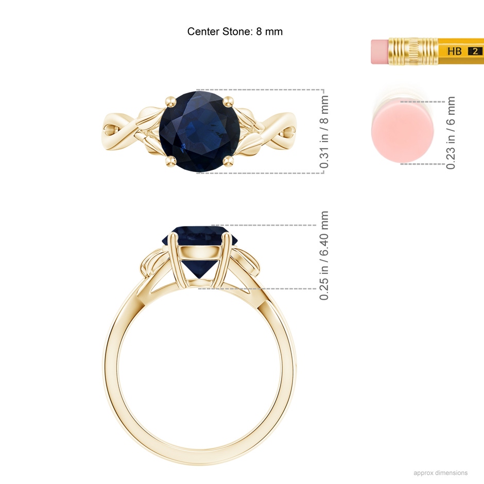 8mm A Nature Inspired Blue Sapphire Crossover Ring with Leaf Motifs in Yellow Gold ruler