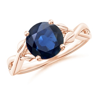 8mm AA Nature Inspired Blue Sapphire Crossover Ring with Leaf Motifs in Rose Gold