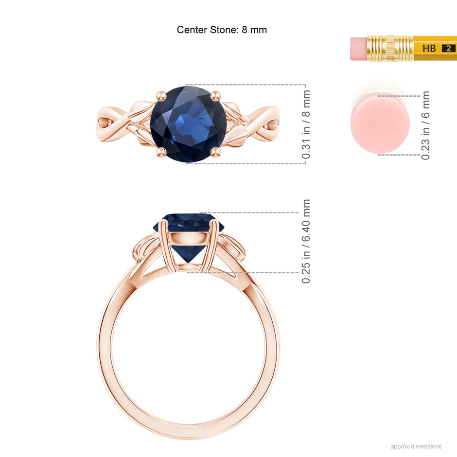 8mm AA Nature Inspired Blue Sapphire Crossover Ring with Leaf Motifs in Rose Gold ruler