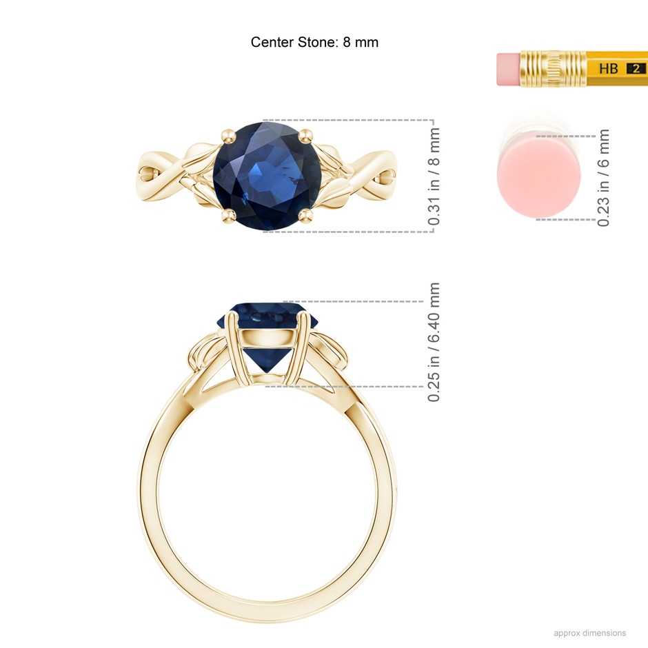 8mm AA Nature Inspired Blue Sapphire Crossover Ring with Leaf Motifs in Yellow Gold ruler