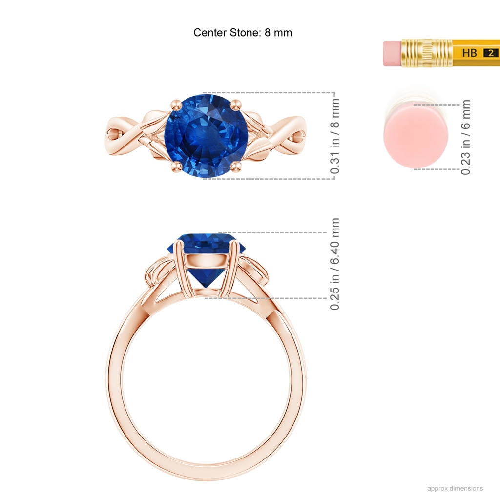 8mm AAA Nature Inspired Blue Sapphire Crossover Ring with Leaf Motifs in Rose Gold ruler