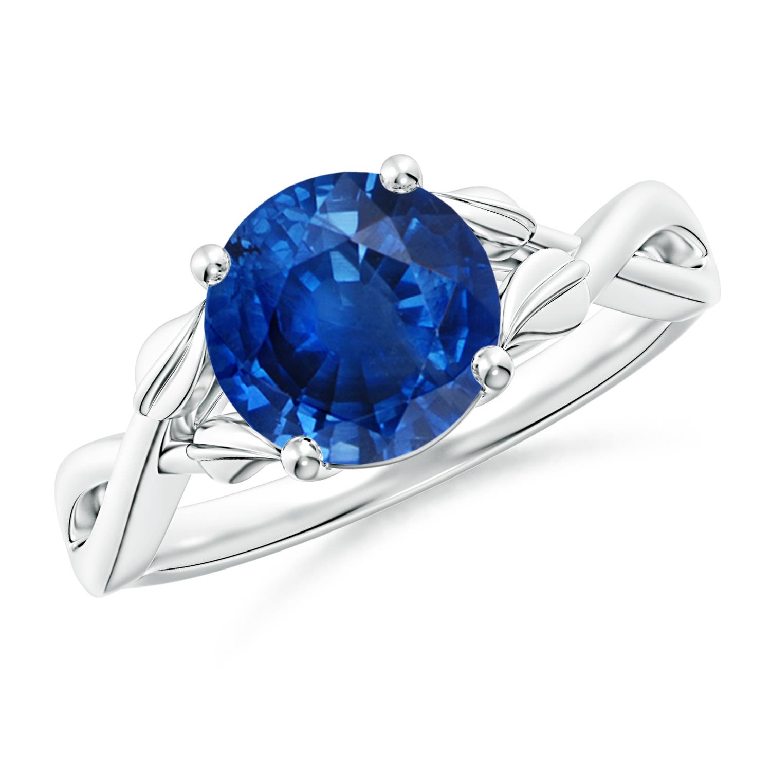 8mm AAA Nature Inspired Blue Sapphire Crossover Ring with Leaf Motifs in White Gold