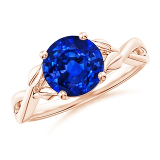 8mm AAAA Nature Inspired Blue Sapphire Crossover Ring with Leaf Motifs in 10K Rose Gold