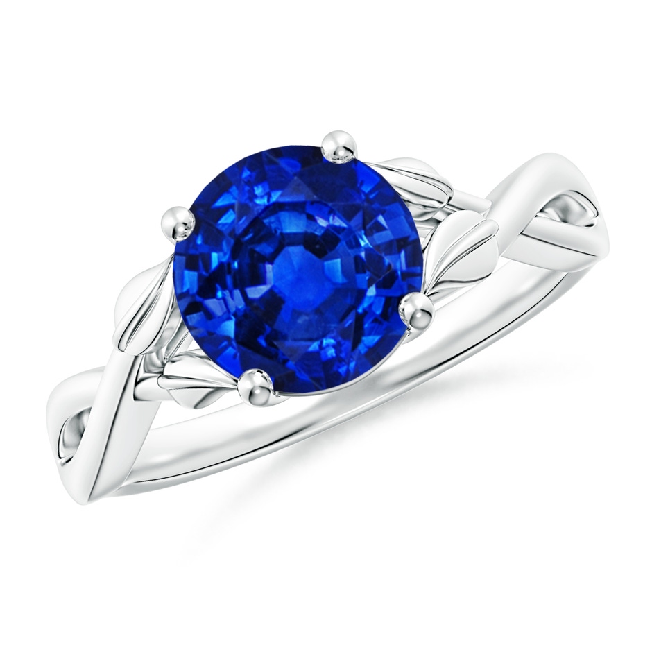 8mm AAAA Nature Inspired Blue Sapphire Crossover Ring with Leaf Motifs in P950 Platinum 