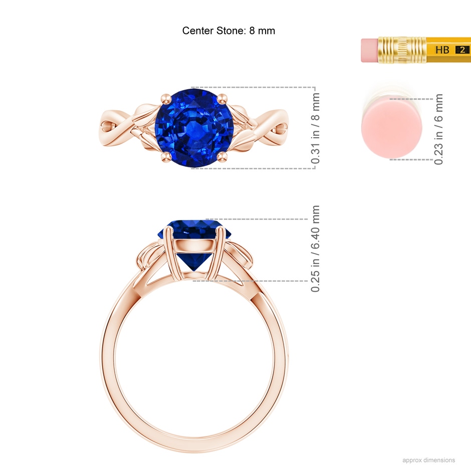 8mm AAAA Nature Inspired Blue Sapphire Crossover Ring with Leaf Motifs in Rose Gold ruler