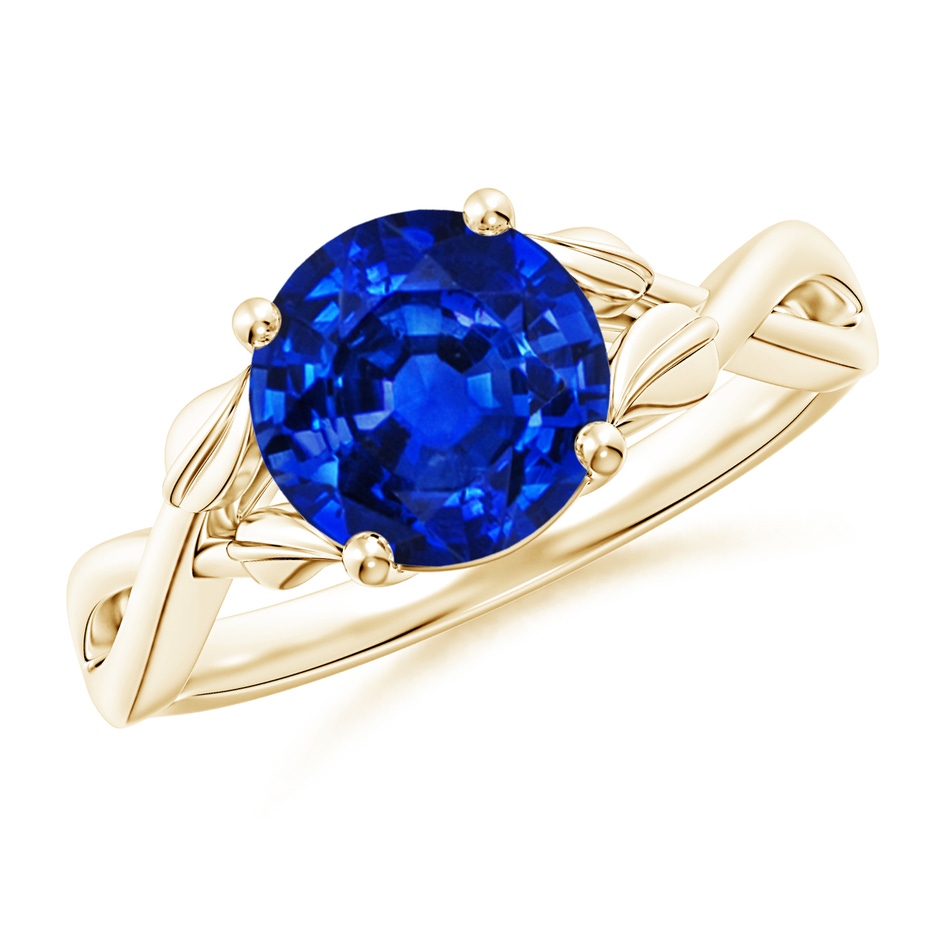 8mm Lab-Grown Nature Inspired Blue Sapphire Crossover Ring with Leaf Motifs in Yellow Gold 