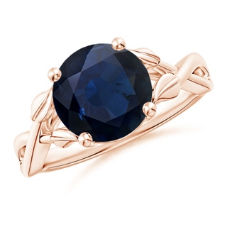 9mm A Nature Inspired Blue Sapphire Crossover Ring with Leaf Motifs in 10K Rose Gold