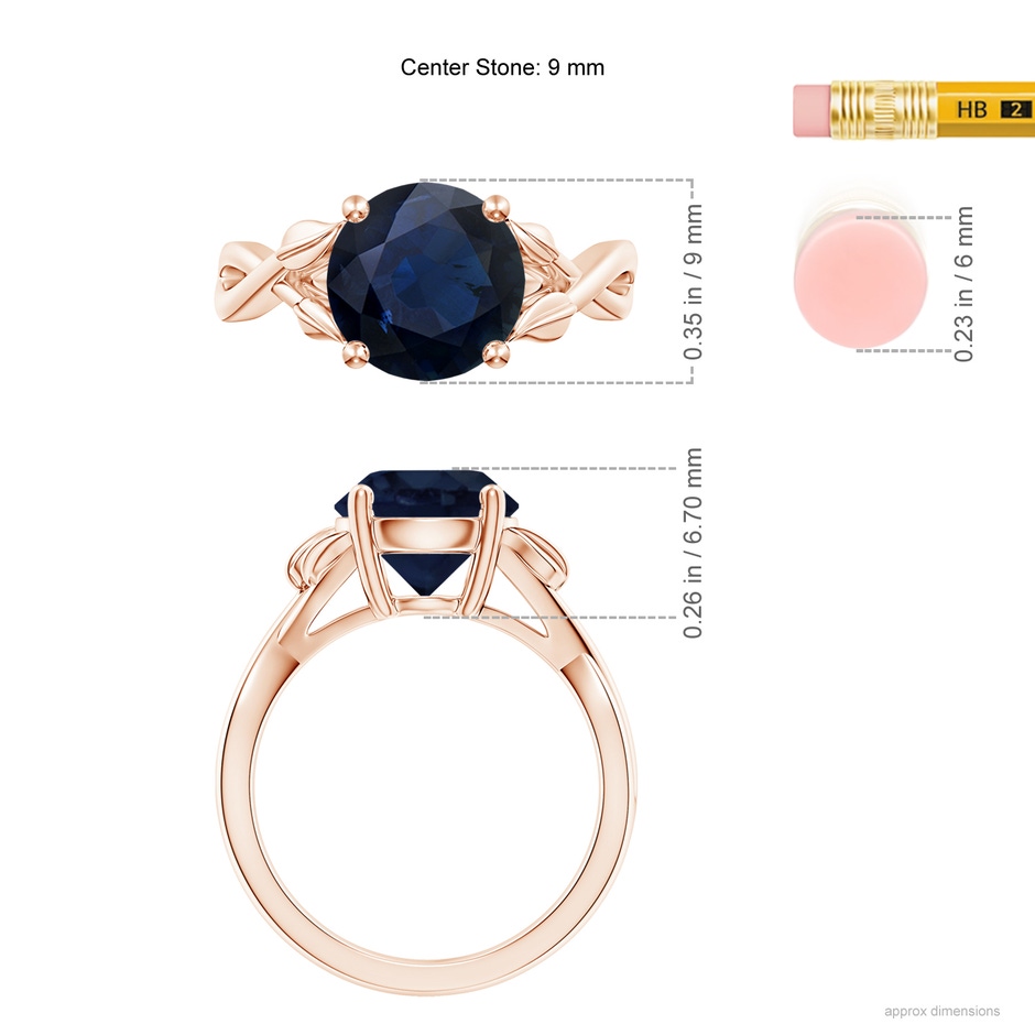 9mm A Nature Inspired Blue Sapphire Crossover Ring with Leaf Motifs in 9K Rose Gold ruler