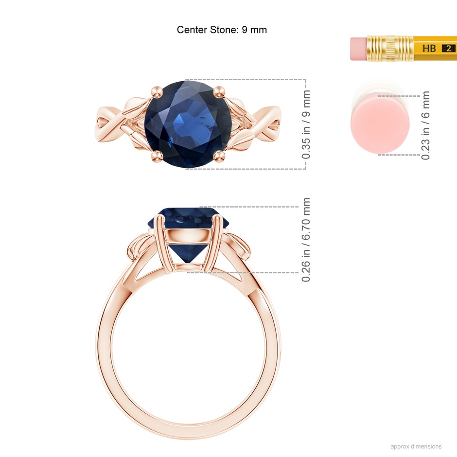 9mm AA Nature Inspired Blue Sapphire Crossover Ring with Leaf Motifs in Rose Gold ruler